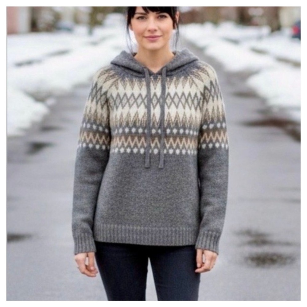 Frye Fair Isle Hooded Sweater Women Large Gray EUC Cozy Nordic Knit Hoodie